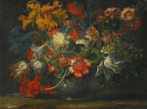 A Still Life Of Flowers In A Blue-And-White Porcelain Bowl, Resting On A Stone Ledge by Andrea Scacciati Oil Painting