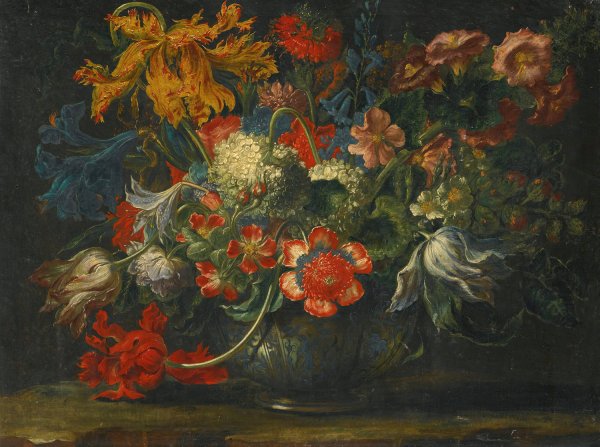 A Still Life Of Flowers In A Blue-And-White Porcelain Bowl, Resting On A Stone Ledge by Andrea Scacciati - Hand-Painted Oil Painting Reproduction
