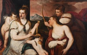 Venus satter bindel fOr Amors Ogon by Andrea Schiavone Oil Painting