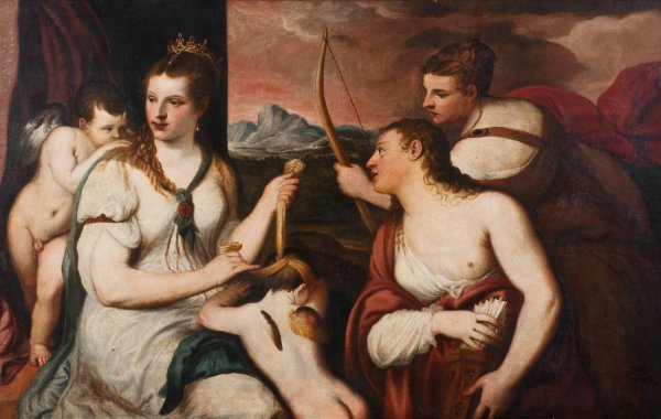 Venus satter bindel fOr Amors Ogon by Andrea Schiavone - Hand-Painted Oil Painting Reproduction