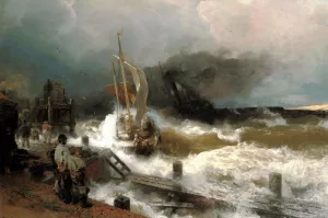 A Fishing Boat and a Steamer in Rough Seas painting by Andreas Achenbach