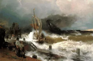 A Fishing Boat and a Steamer in Rough Seas