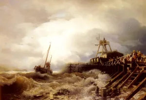 A Fishing Boat Caught In A Squall Off A Jetty Oil painting by Andreas Achenbach