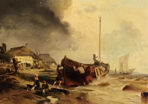 A Fishingboat On The Beach by Andreas Achenbach Oil Painting
