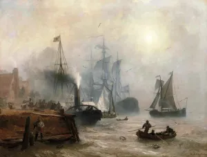A Moored Steamer at a Busy Quay by Andreas Achenbach - Oil Painting Reproduction
