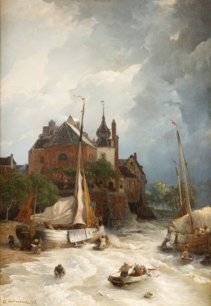 Beach by a town with old tower and rampart by Andreas Achenbach Oil Painting