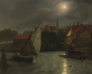 Boats On A Canal, Moonlight by Andreas Achenbach Oil Painting