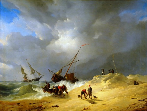 Main Product Photo of Coastal Scene with Fishing Boat Painting by Andreas Achenbach