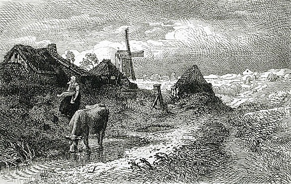 Main Product Photo of Dutch Landscape with Woman and Cow Painting by Andreas Achenbach