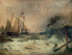 Fisherboats and Steam Vessels at the Pier of Ostende by Andreas Achenbach - Oil Painting Reproduction