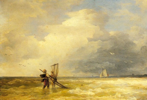 Main Product Photo of Fishing Along the Shore Painting by Andreas Achenbach