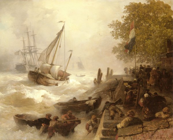 Harbor Entrance In Rough Sea by Andreas Achenbach - Hand-Painted Oil Painting Reproduction