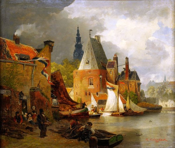Main Product Photo of Harbor Scene Painting by Andreas Achenbach