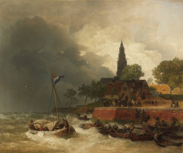 Hollandischer Hafen bei Sturm  by Andreas Achenbach - Hand-Painted Oil Painting Reproduction
