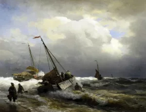 Inshore Fishermen in Rough Sea by Andreas Achenbach - Oil Painting Reproduction