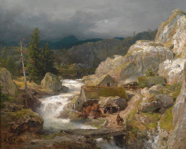 Muhle am Gebirgsbach  by Andreas Achenbach - Hand-Painted Oil Painting Reproduction
