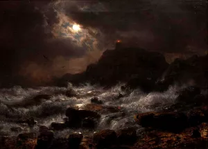 Norwegian Coast by Moonlight by Andreas Achenbach - Oil Painting Reproduction