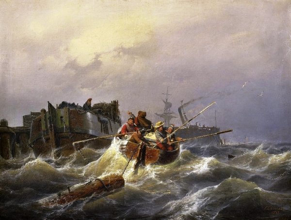 Main Product Photo of Rowing Boat in a Harbor Painting by Andreas Achenbach