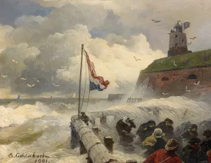 Sturmische Brandung an der Mole by Andreas Achenbach Oil Painting