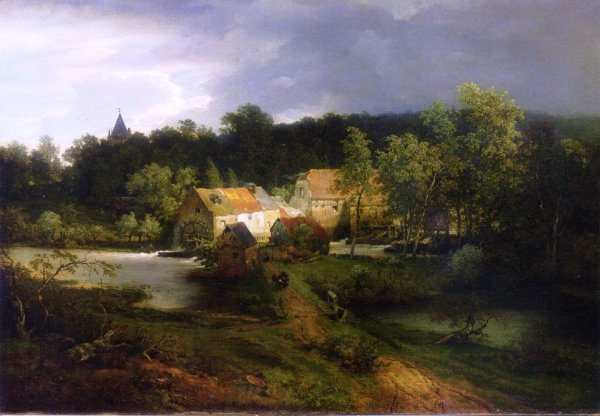 Main Product Photo of The Watermill in the Village Painting by Andreas Achenbach