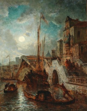 Venice, A Canal in the Moonlight, with Santa Maria della Salute in the Background by Andreas Achenbach Oil Painting