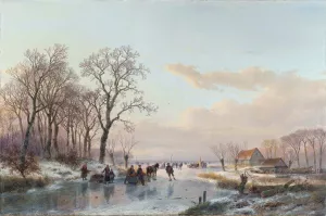 A Frozen Canal near the River Maas by Andreas Schelfhout Oil Painting