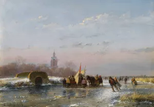 A Frozen Waterway With Skaters By A Refreshment Stall by Andreas Schelfhout Oil Painting