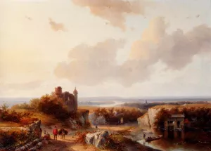 A Panoramic River Landscape by Andreas Schelfhout - Oil Painting Reproduction