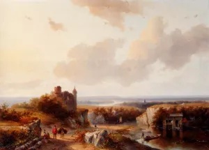 A Panoramic River Landscape Oil painting by Andreas Schelfhout