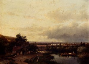 A Summer Landscape With A Ferry by Andreas Schelfhout Oil Painting