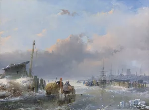 A View of Dordrecht in winter by Andreas Schelfhout Oil Painting