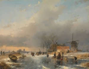 A winter landscape, on the right a windmill and houses by a frozen canal Oil painting by Andreas Schelfhout