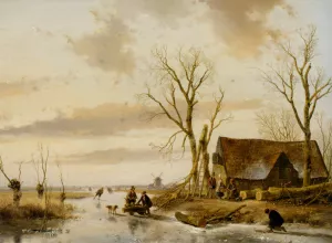 A Winter Landscape with Skaters on a Frozen River by Andreas Schelfhout Oil Painting