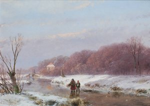 A Winter Landscape With Wood Gatherers On The Ice Oil painting by Andreas Schelfhout