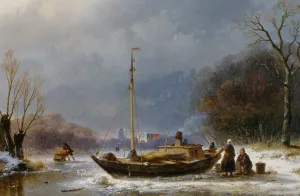 A Wintry Scene with Figures near a Boat on the Ice painting by Andreas Schelfhout