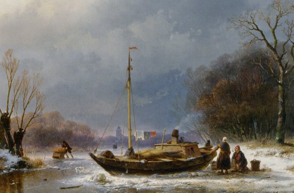 A Wintry Scene with Figures near a Boat on the Ice by Andreas Schelfhout - Hand-Painted Oil Painting Reproduction