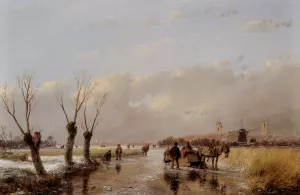 Figures on a Frozen Canal by Andreas Schelfhout - Oil Painting Reproduction