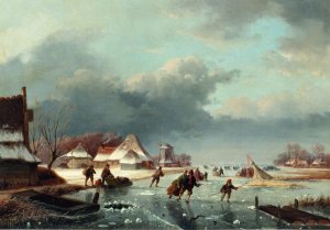 Figures Skating on a Frozen River Oil painting by Andreas Schelfhout