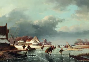 Figures Skating on a Frozen River by Andreas Schelfhout - Oil Painting Reproduction