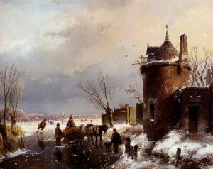 Figures With A Horse Sledge On The Ice, A Town In The Distance Oil painting by Andreas Schelfhout