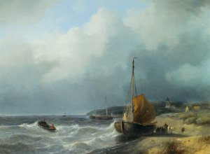 Fisherfolk by a Beached Bomschuit Oil painting by Andreas Schelfhout