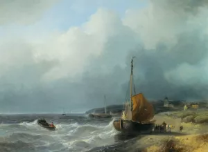 Fisherfolk by a Beached Bomschuit by Andreas Schelfhout Oil Painting