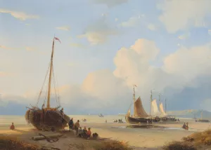 Fisherfolk With Beached Vessels by Andreas Schelfhout Oil Painting