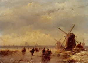Frozen Winter Landscape by Andreas Schelfhout Oil Painting