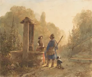 Jager in gesprek met een boerin bij een waterput, naast hem een hond by Andreas Schelfhout Oil Painting