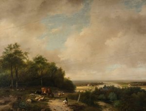 Landscape with a herd at the forest edge by Andreas Schelfhout Oil Painting