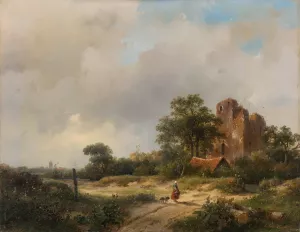 Landscape with the Ruins of Brederode Castle in Santpoort by Andreas Schelfhout Oil Painting