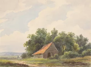 Landschap met schuur en in de verte een herder met schapen by Andreas Schelfhout Oil Painting