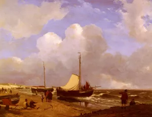 Moored on the Beach by Andreas Schelfhout Oil Painting