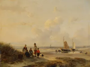 Rustende vissers op een strand bij helder weer Oil painting by Andreas Schelfhout